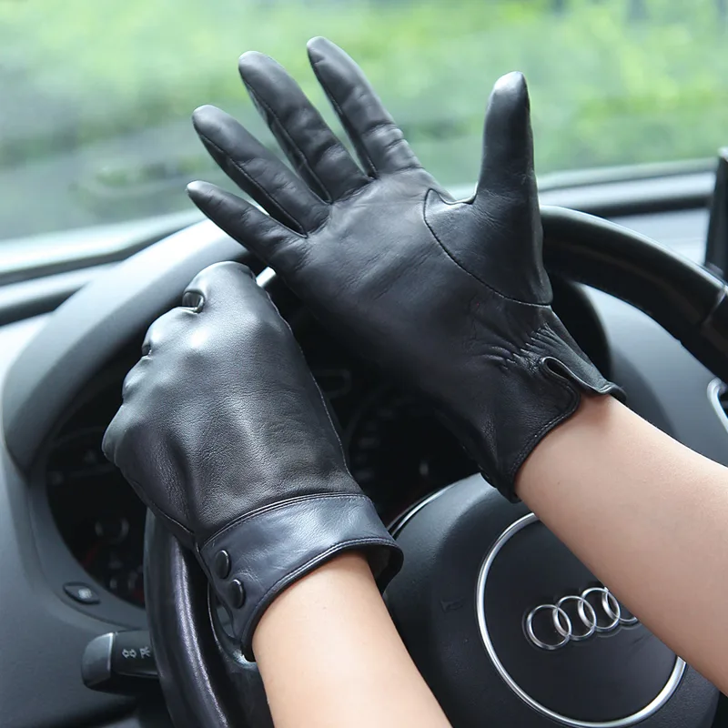 Wool Glove Lined - موضة الأسود قفازات جلدية حقيقية الإناث