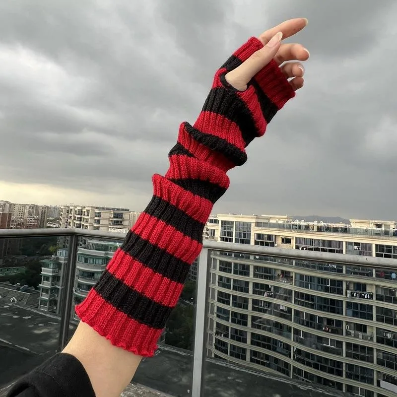 Fingerless Glove Knit - شتاء دافئ طويل الأكمام القوطية مخطط